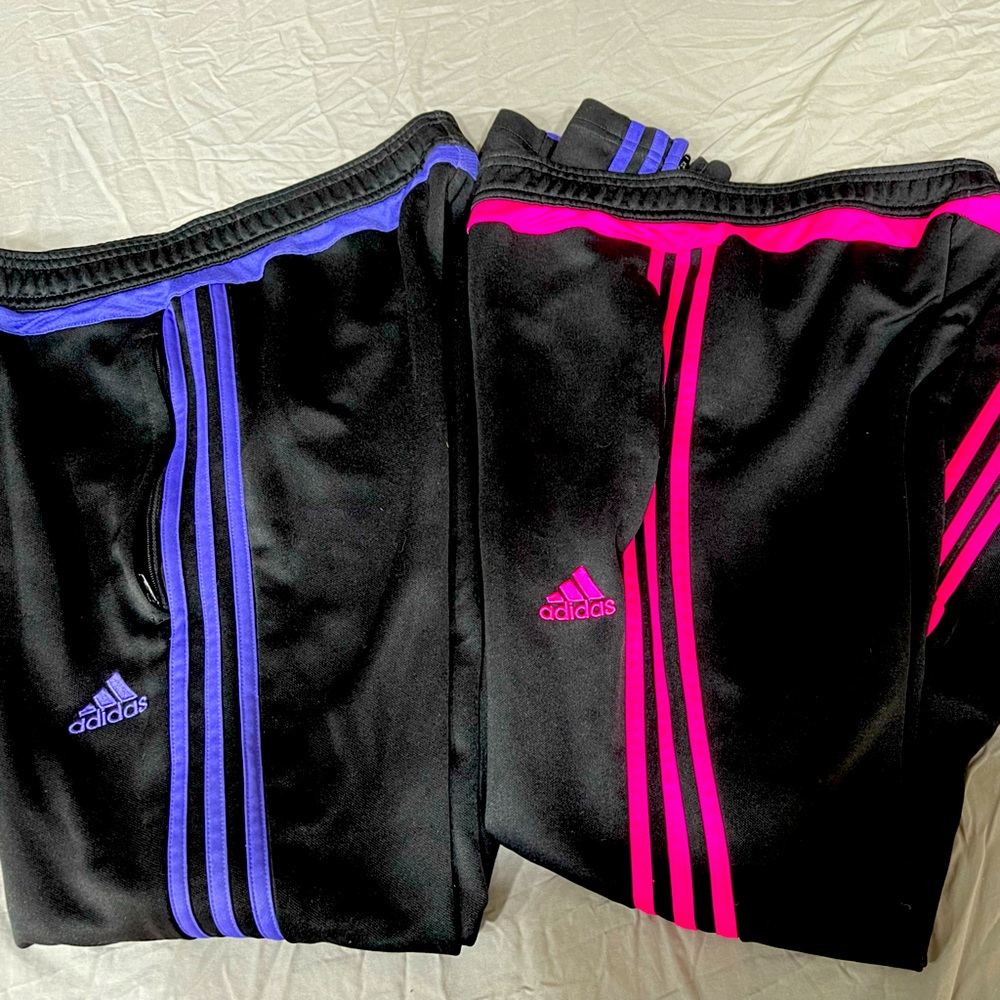 Set of Adidas Black Track Pants with Purple and Pink Stripes